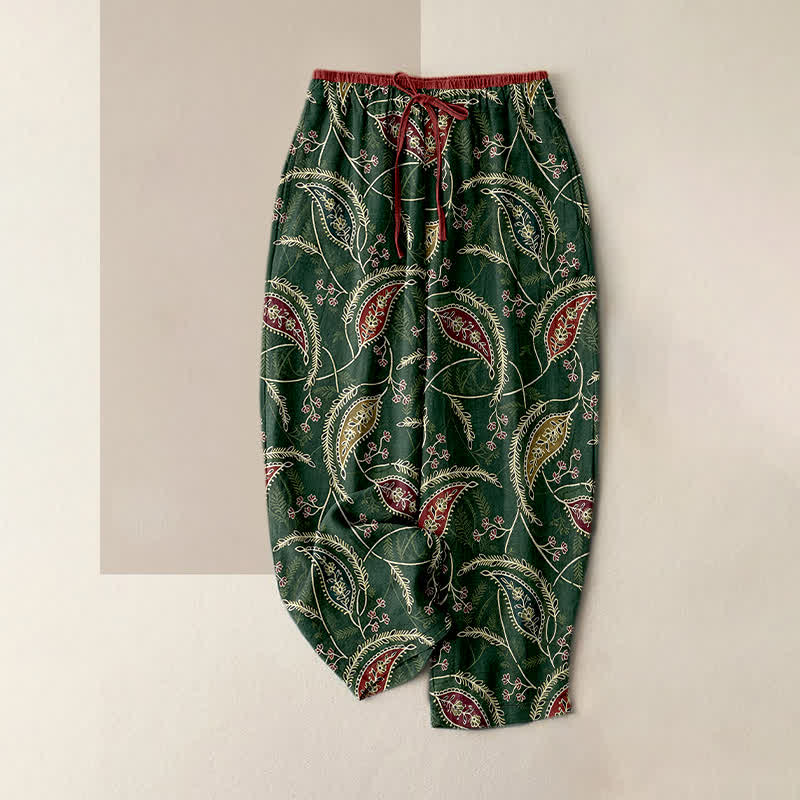 Buddha Stones Pantaloni da donna in puro cotone con elastico in vita e tasche, fantasia floreale etnica paisley. - Verde scuro - US16, UK/AU20, EU48 (3XL) - image 4
