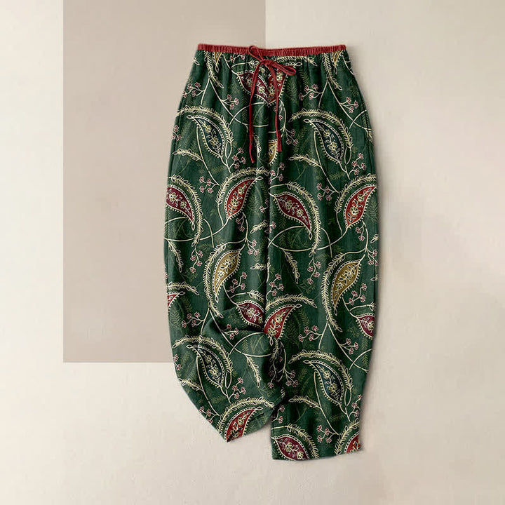 Buddha Stones Pantaloni da donna in puro cotone con elastico in vita e tasche, fantasia floreale etnica paisley. - Verde scuro - US16, UK/AU20, EU48 (3XL) - image 4