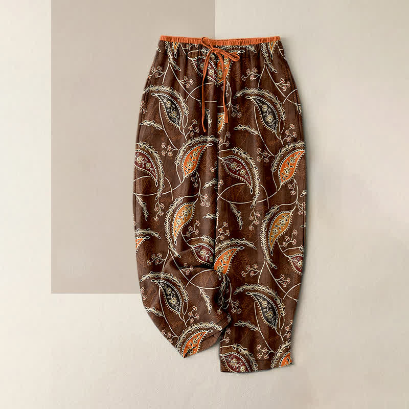 Buddha Stones Pantaloni da donna in puro cotone con elastico in vita e tasche, fantasia floreale etnica paisley. - Marrone sella - US16, UK/AU20, EU48 (3XL) - image 5