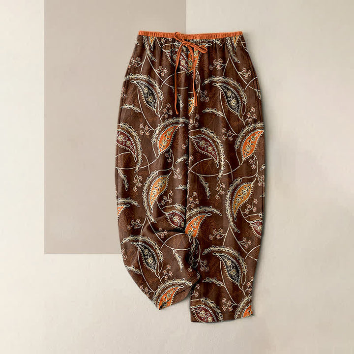 Buddha Stones Pantaloni da donna in puro cotone con elastico in vita e tasche, fantasia floreale etnica paisley. - Marrone sella - US16, UK/AU20, EU48 (3XL) - image 5