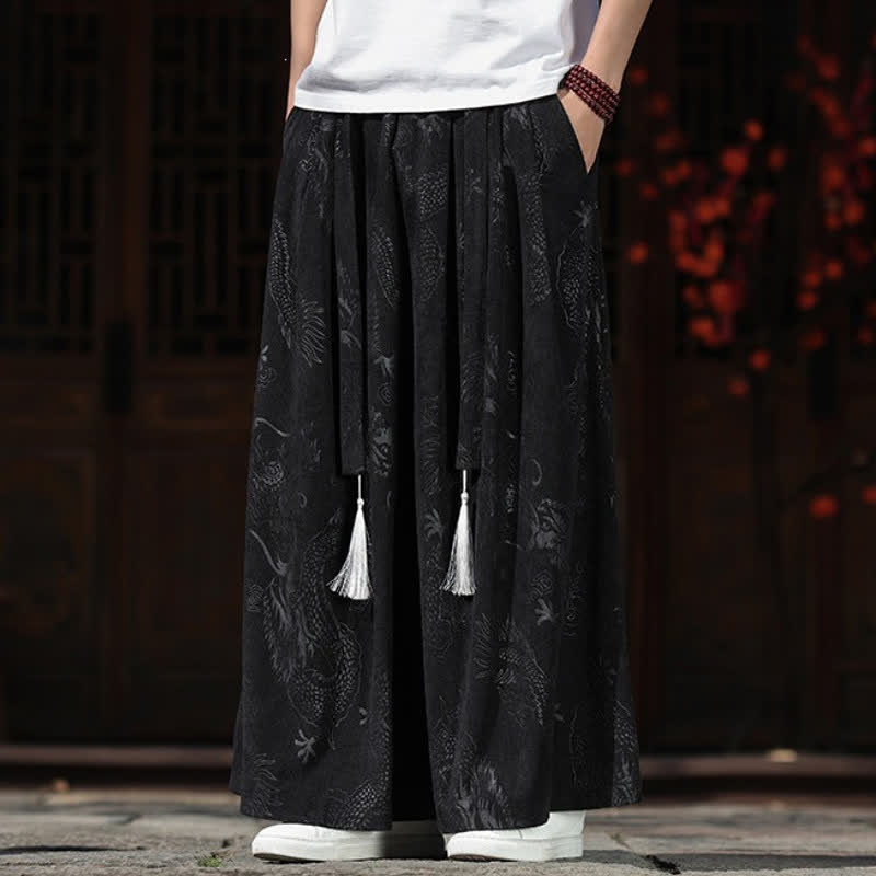 Buddha Stones Pantaloni da uomo a gamba larga con coulisse, stile vintage autunno/inverno, con motivo drago, con tasche. - image 16
