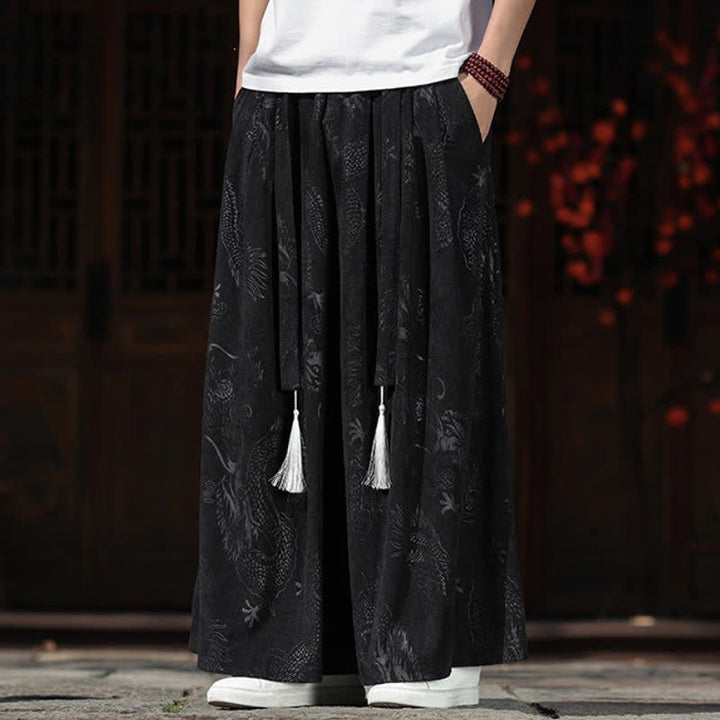 Buddha Stones Pantaloni da uomo a gamba larga con coulisse, stile vintage autunno/inverno, con motivo drago, con tasche. - image 16
