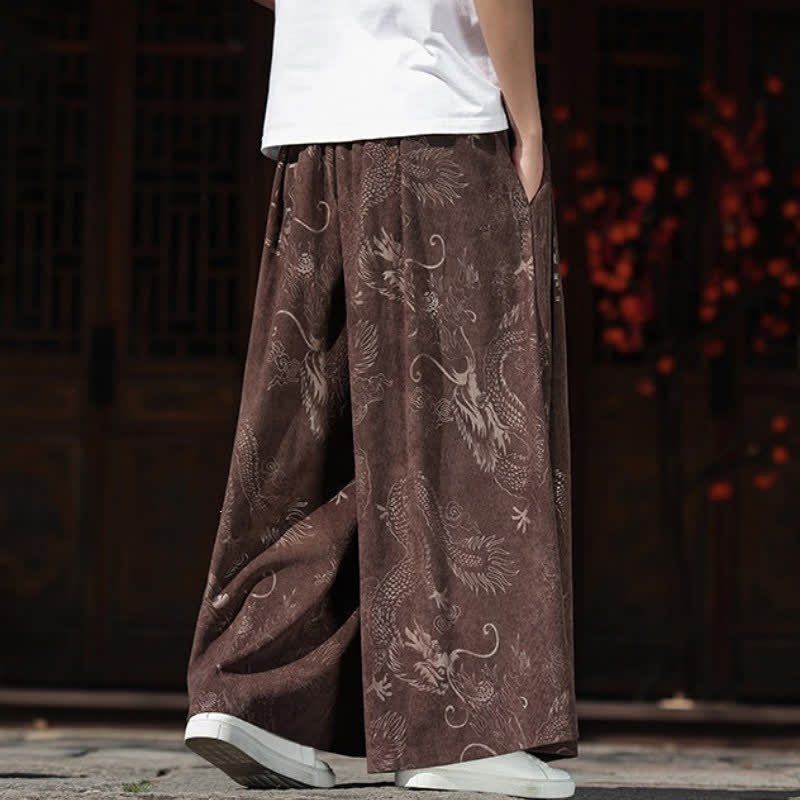 Buddha Stones Pantaloni da uomo a gamba larga con coulisse, stile vintage autunno/inverno, con motivo drago, con tasche. - image 4