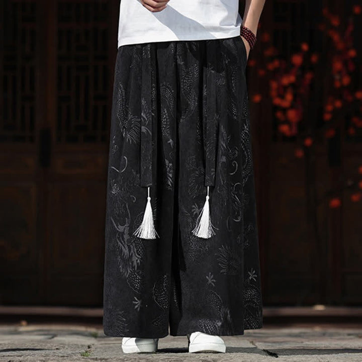 Buddha Stones Pantaloni da uomo a gamba larga con coulisse, stile vintage autunno/inverno, con motivo drago, con tasche. - image 15