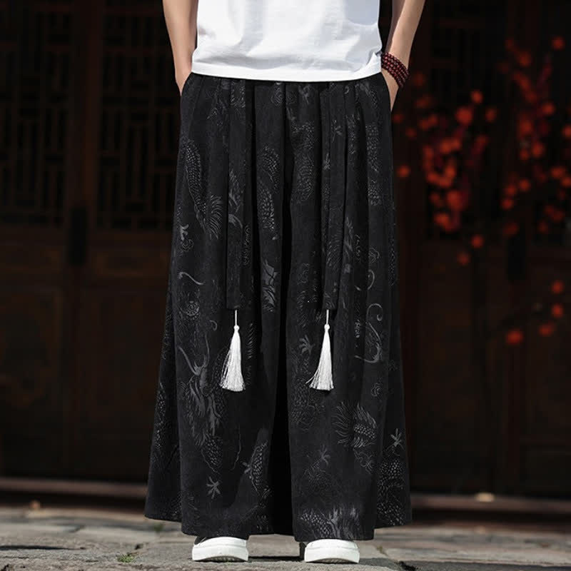 Buddha Stones Pantaloni da uomo a gamba larga con coulisse, stile vintage autunno/inverno, con motivo drago, con tasche. - Nero - US/UK/AU46, EU56 (5XL) - image 9