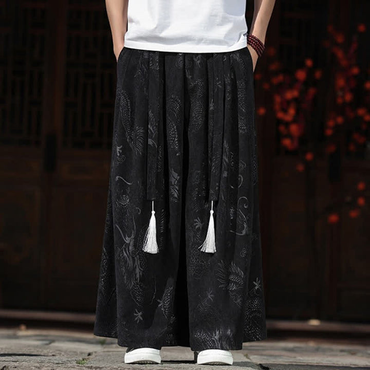 Buddha Stones Pantaloni da uomo a gamba larga con coulisse, stile vintage autunno/inverno, con motivo drago, con tasche. - Nero - US/UK/AU46, EU56 (5XL) - image 9