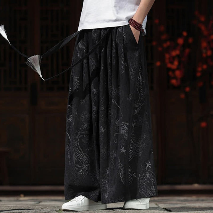 Buddha Stones Pantaloni da uomo a gamba larga con coulisse, stile vintage autunno/inverno, con motivo drago, con tasche. - image 14