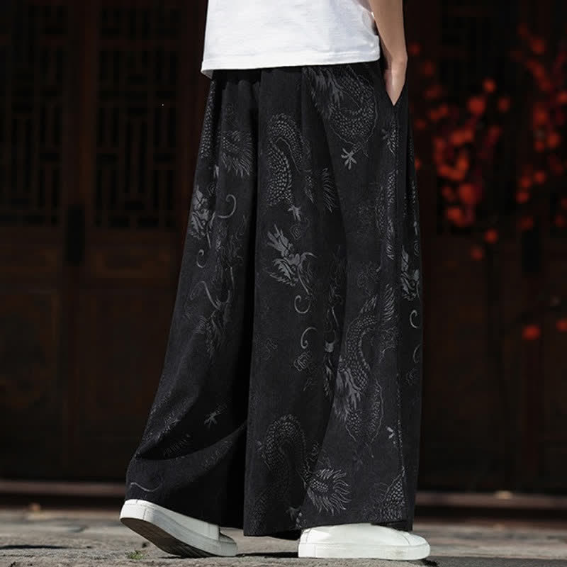 Buddha Stones Pantaloni da uomo a gamba larga con coulisse, stile vintage autunno/inverno, con motivo drago, con tasche. - image 13