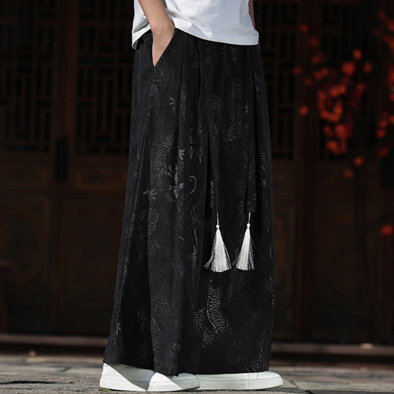 Buddha Stones Pantaloni da uomo a gamba larga con coulisse, stile vintage autunno/inverno, con motivo drago, con tasche. - image 12