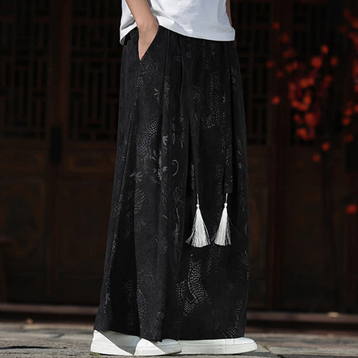 Buddha Stones Pantaloni da uomo a gamba larga con coulisse, stile vintage autunno/inverno, con motivo drago, con tasche. - image 12