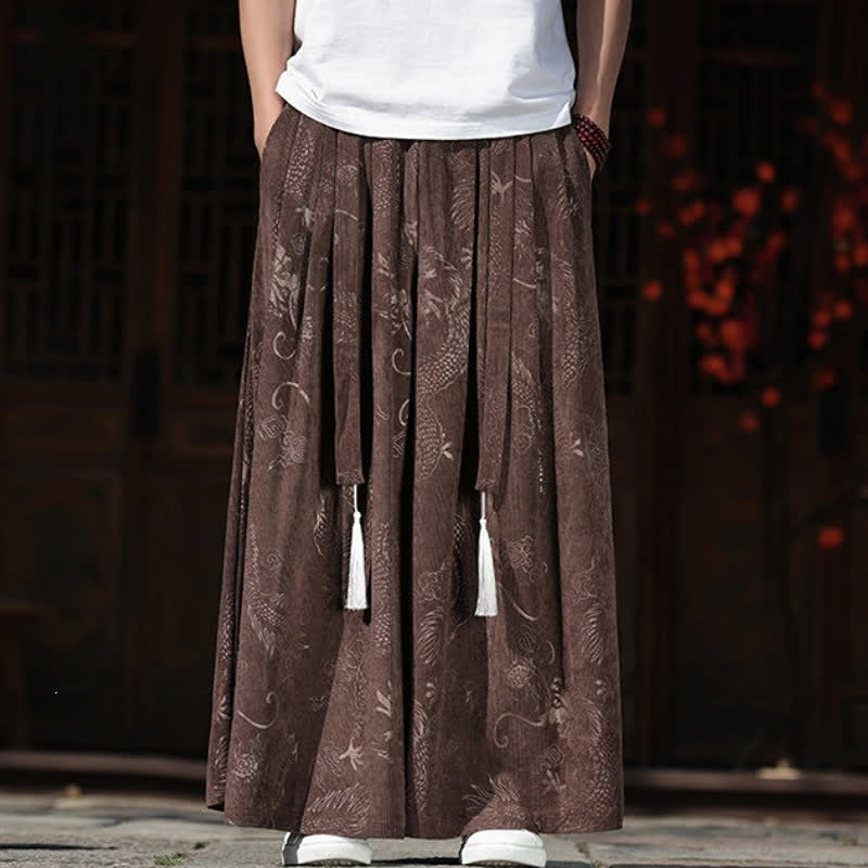 Buddha Stones Pantaloni da uomo a gamba larga con coulisse, stile vintage autunno/inverno, con motivo drago, con tasche. - image 1