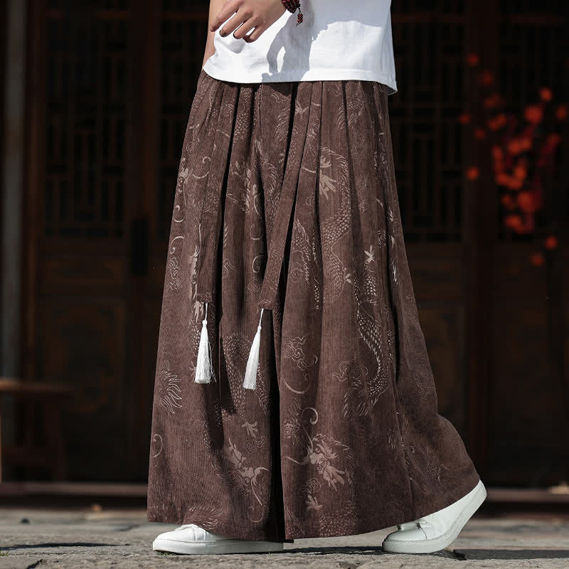 Buddha Stones Pantaloni da uomo a gamba larga con coulisse, stile vintage autunno/inverno, con motivo drago, con tasche. - Marrone sella - US/UK/AU46, EU56 (5XL) - image 0
