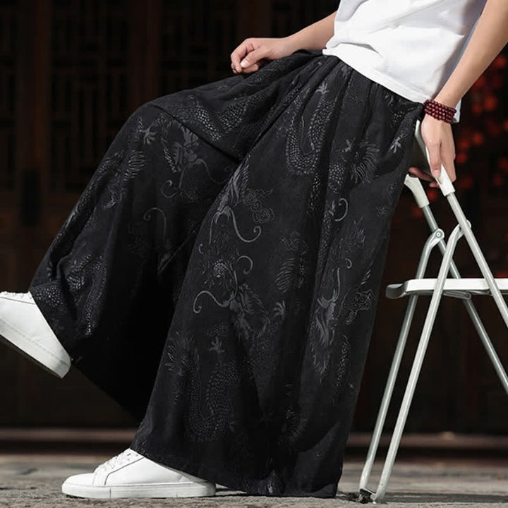 Buddha Stones Pantaloni da uomo a gamba larga con coulisse, stile vintage autunno/inverno, con motivo drago, con tasche. - image 17