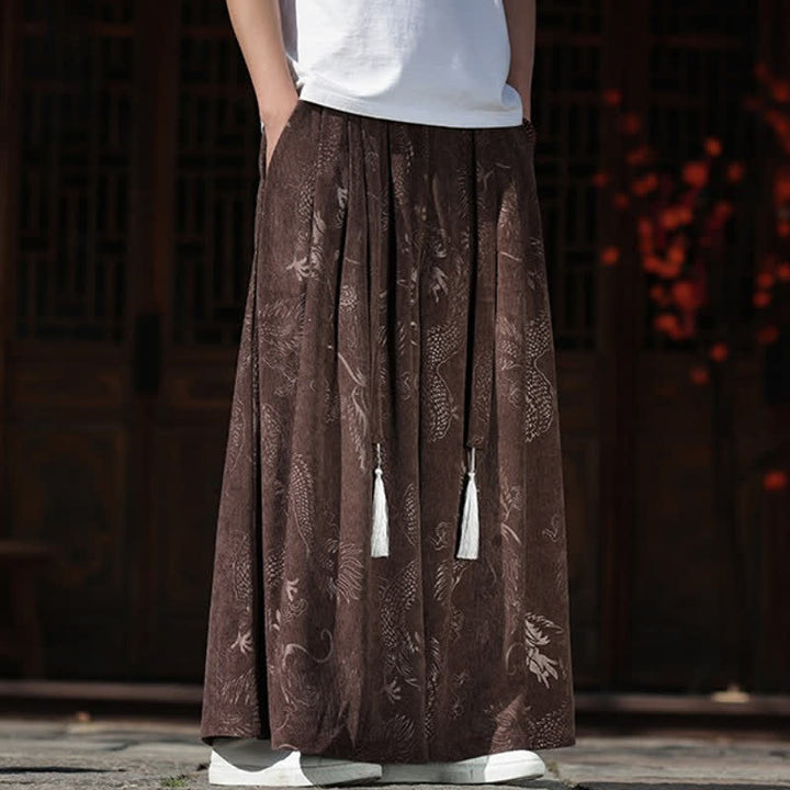 Buddha Stones Pantaloni da uomo a gamba larga con coulisse, stile vintage autunno/inverno, con motivo drago, con tasche. - image 2