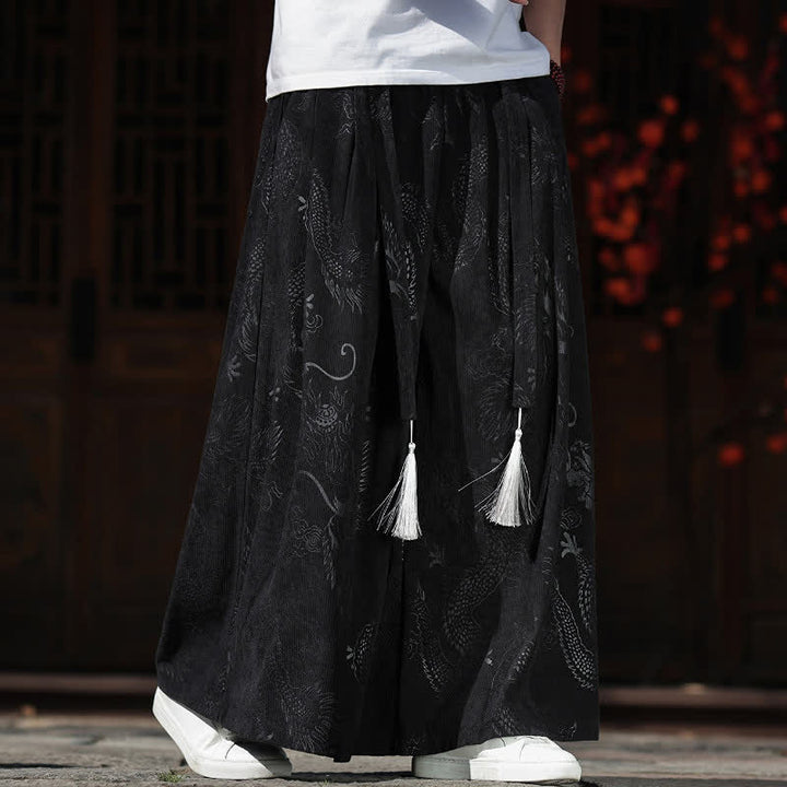 Buddha Stones Pantaloni da uomo a gamba larga con coulisse, stile vintage autunno/inverno, con motivo drago, con tasche. - image 10