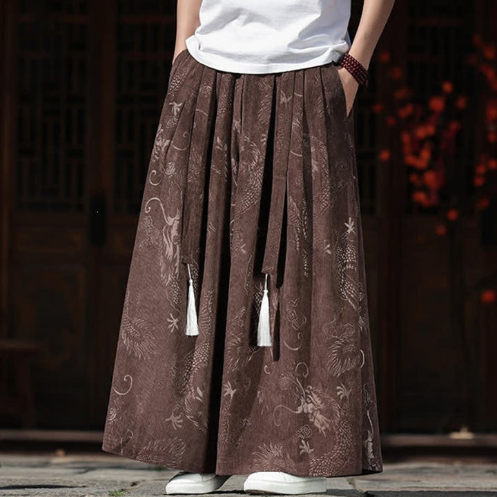 Buddha Stones Pantaloni da uomo a gamba larga con coulisse, stile vintage autunno/inverno, con motivo drago, con tasche. - image 5