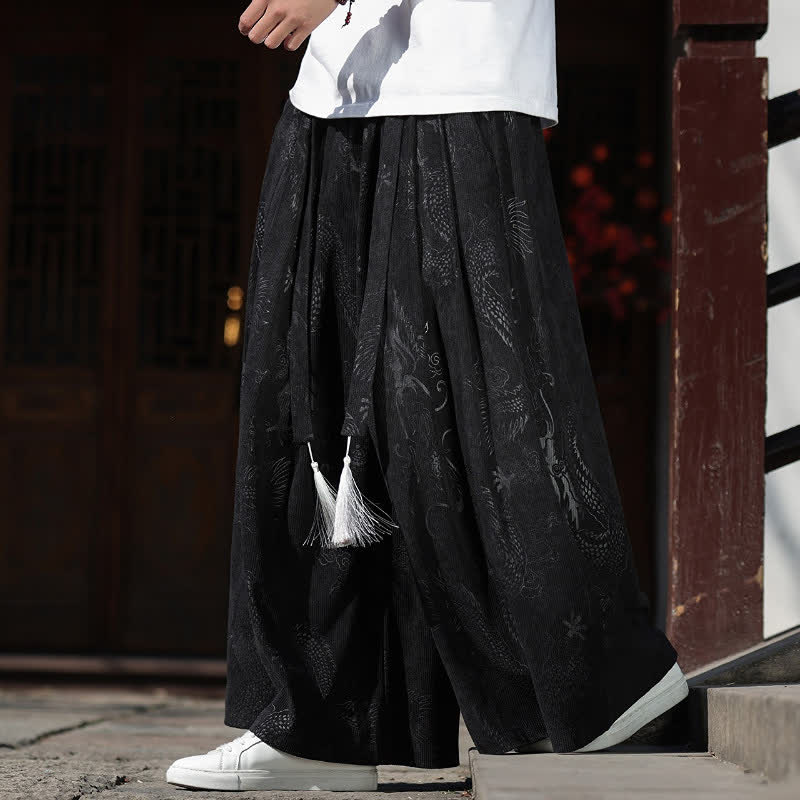 Buddha Stones Pantaloni da uomo a gamba larga con coulisse, stile vintage autunno/inverno, con motivo drago, con tasche. - image 11