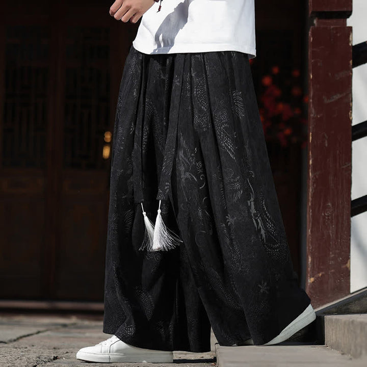 Buddha Stones Pantaloni da uomo a gamba larga con coulisse, stile vintage autunno/inverno, con motivo drago, con tasche. - image 11