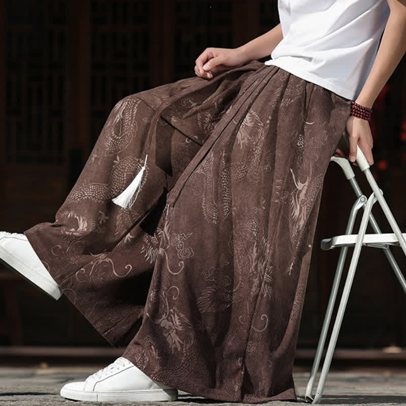 Buddha Stones Pantaloni da uomo a gamba larga con coulisse, stile vintage autunno/inverno, con motivo drago, con tasche. - image 8