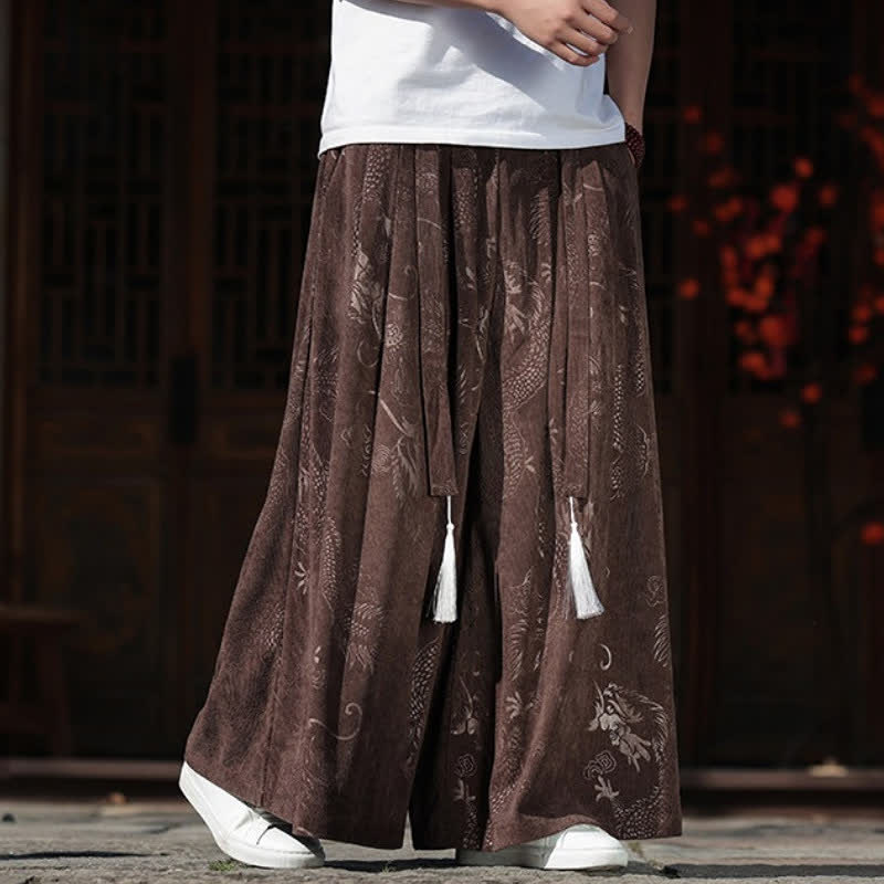 Buddha Stones Pantaloni da uomo a gamba larga con coulisse, stile vintage autunno/inverno, con motivo drago, con tasche. - image 3