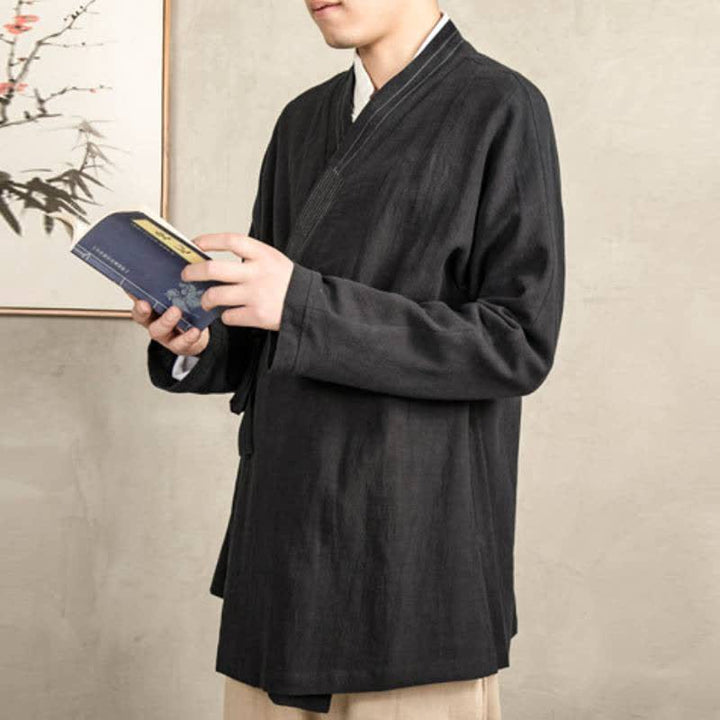 Buddha Stones Kimono da uomo in ramia tinta unita, stile vintage, con coulisse, per l'autunno. - image 14