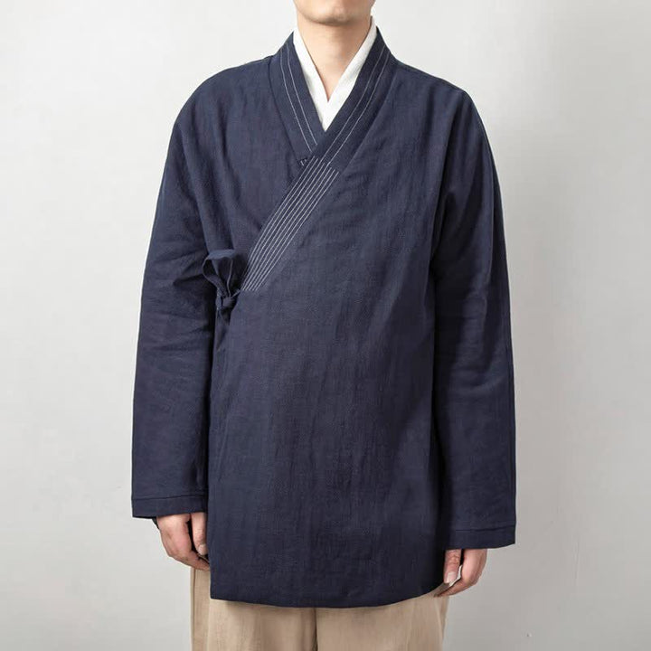 Buddha Stones Kimono da uomo in ramia tinta unita, stile vintage, con coulisse, per l'autunno. - Marina - US/UK/AU44, EU54 (4XL) - image 1