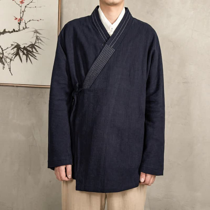Buddha Stones Kimono da uomo in ramia tinta unita, stile vintage, con coulisse, per l'autunno. - Nero - US/UK/AU44, EU54 (4XL) - image 2