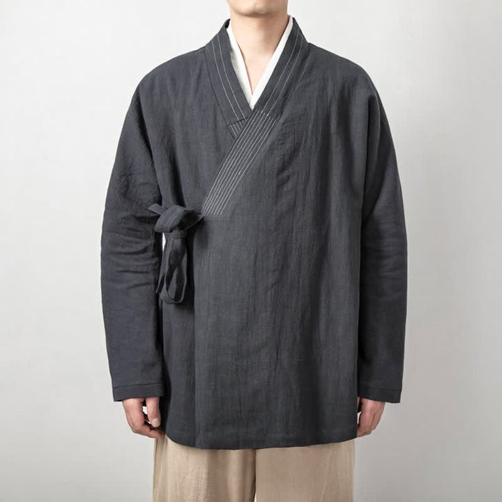 Buddha Stones Kimono da uomo in ramia tinta unita, stile vintage, con coulisse, per l'autunno. - Grigio ardesia chiaro - US/UK/AU44, EU54 (4XL) - image 0