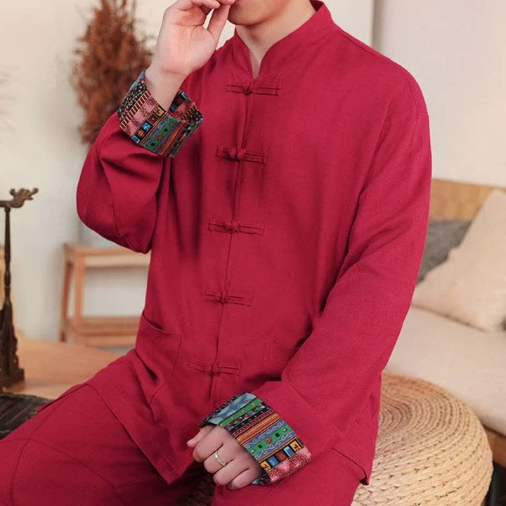 Buddha Stones Camicia da uomo a maniche lunghe in cotone e lino tinta unita, stile autunnale, con bottoni a rana e taschino. - image 11