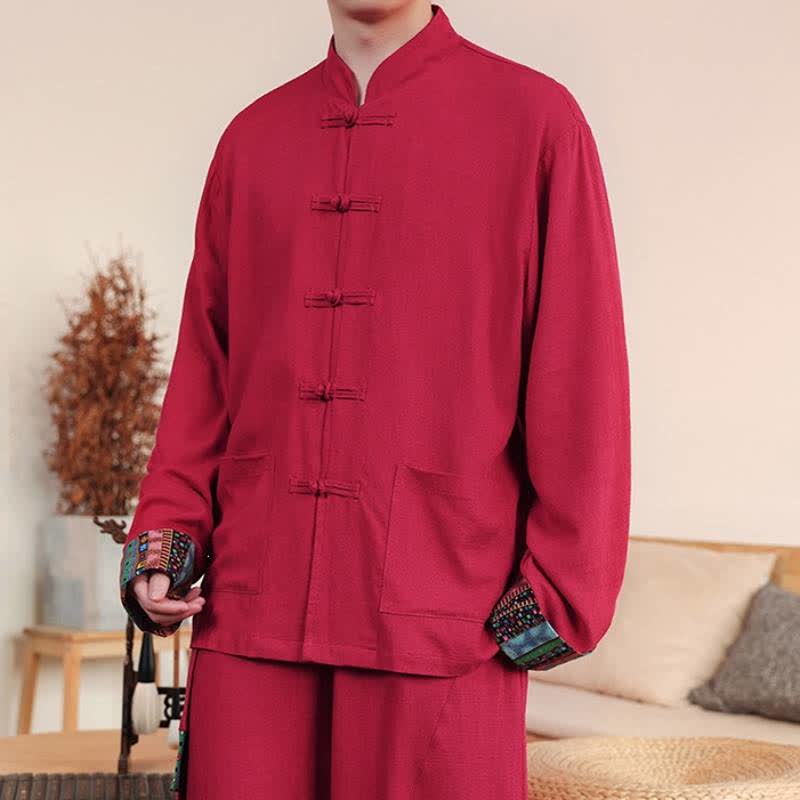 Buddha Stones Camicia da uomo a maniche lunghe in cotone e lino tinta unita, stile autunnale, con bottoni a rana e taschino. - image 10