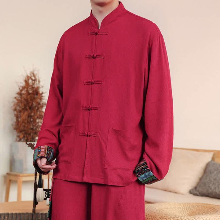 Buddha Stones Camicia da uomo a maniche lunghe in cotone e lino tinta unita, stile autunnale, con bottoni a rana e taschino. - image 10