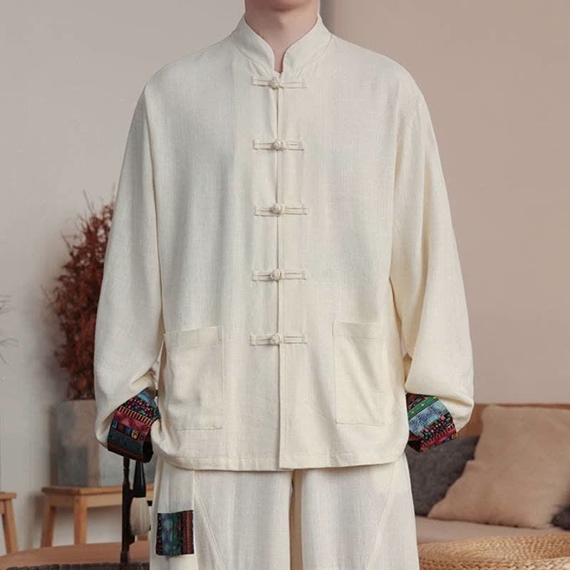 Buddha Stones Camicia da uomo a maniche lunghe in cotone e lino tinta unita, stile autunnale, con bottoni a rana e taschino. - Bianco antico - US/UK/AU46, EU56 (5XL) - image 12
