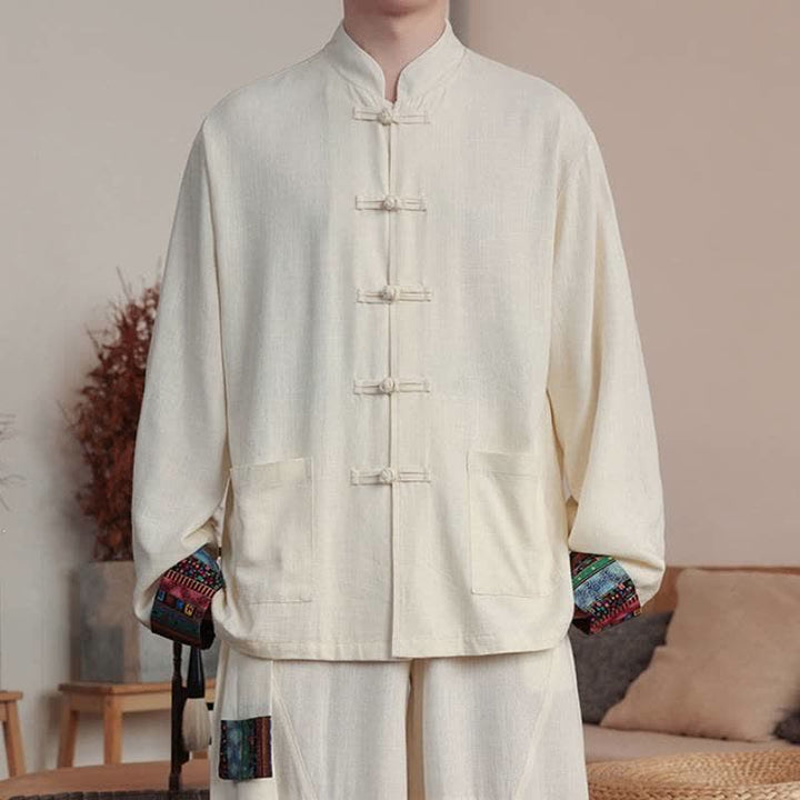 Buddha Stones Camicia da uomo a maniche lunghe in cotone e lino tinta unita, stile autunnale, con bottoni a rana e taschino. - Bianco antico - US/UK/AU46, EU56 (5XL) - image 12