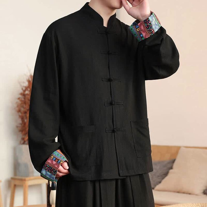 Buddha Stones Camicia da uomo a maniche lunghe in cotone e lino tinta unita, stile autunnale, con bottoni a rana e taschino. - image 1