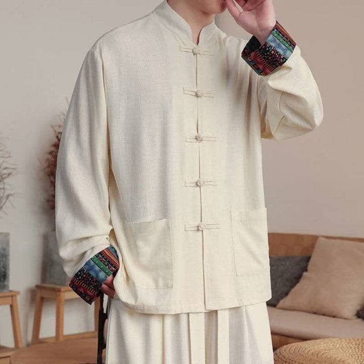 Buddha Stones Camicia da uomo a maniche lunghe in cotone e lino tinta unita, stile autunnale, con bottoni a rana e taschino. - image 13