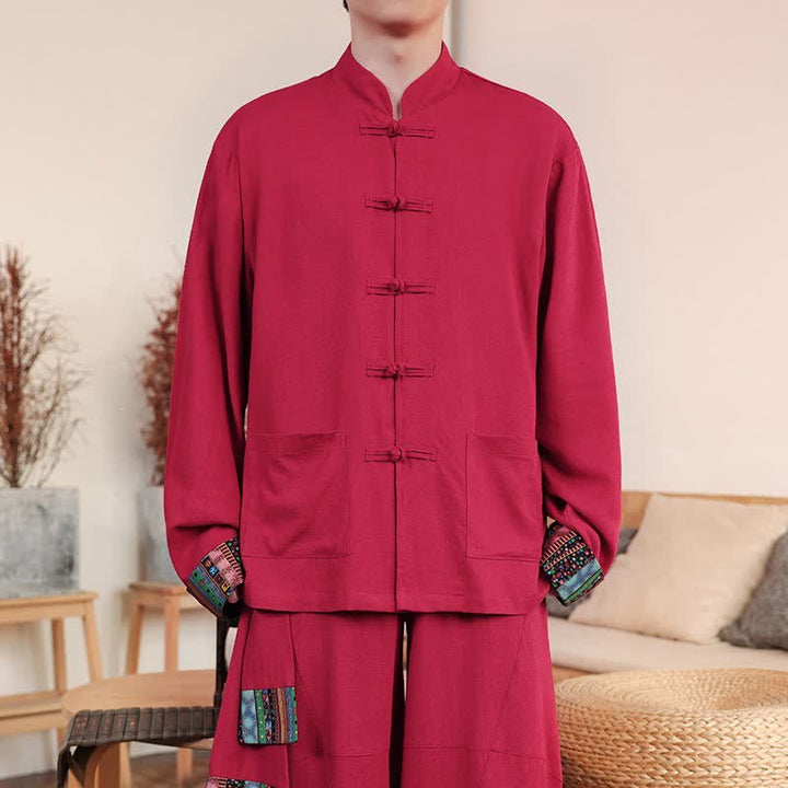Buddha Stones Camicia da uomo a maniche lunghe in cotone e lino tinta unita, stile autunnale, con bottoni a rana e taschino. - Cremisi - US/UK/AU46, EU56 (5XL) - image 8