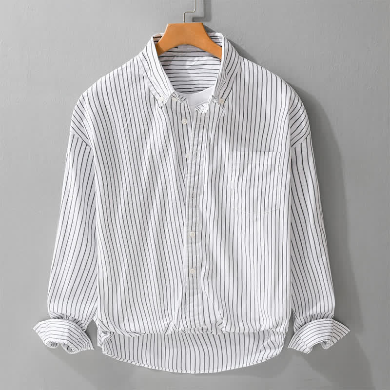 Buddha Stones Camicia da uomo a maniche lunghe in cotone a righe, casual, con bottoni, per primavera/autunno, con taschino. - Bianco - US/UK/AU42, EU52 (3XL) - image 5