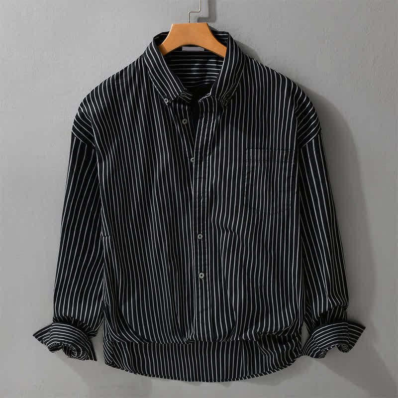 Buddha Stones Camicia da uomo a maniche lunghe in cotone a righe, casual, con bottoni, per primavera/autunno, con taschino. - Nero - US/UK/AU42, EU52 (3XL) - image 0