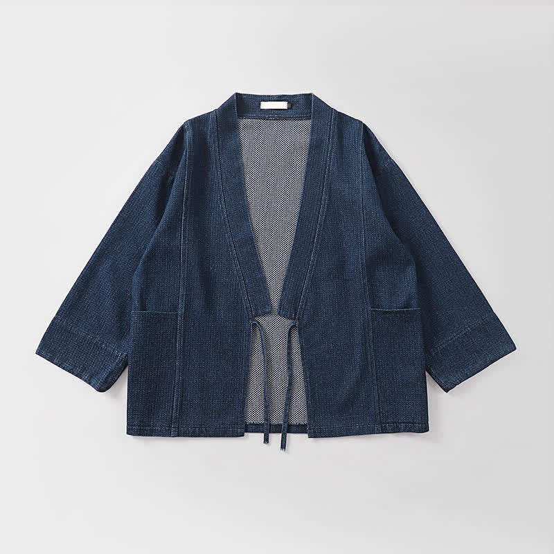Buddha Stones Kimono da uomo autunnale, casual, minimalista, in cotone e lino tinta unita con coulisse e tasca. - image 2