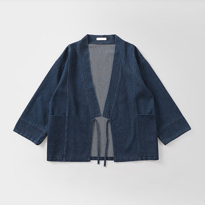 Buddha Stones Kimono da uomo autunnale, casual, minimalista, in cotone e lino tinta unita con coulisse e tasca. - image 2