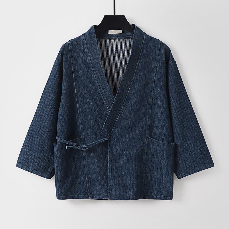 Buddha Stones Kimono da uomo autunnale, casual, minimalista, in cotone e lino tinta unita con coulisse e tasca. - image 1