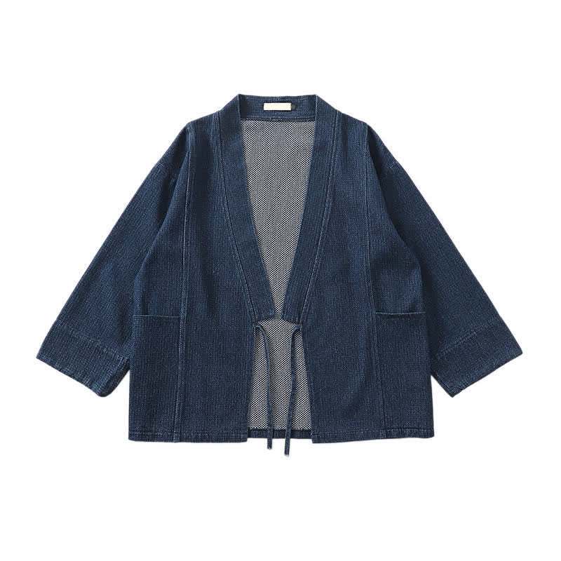 Buddha Stones Kimono da uomo autunnale, casual, minimalista, in cotone e lino tinta unita con coulisse e tasca. - image 3