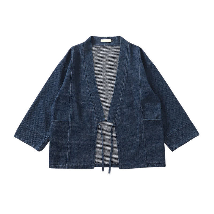Buddha Stones Kimono da uomo autunnale, casual, minimalista, in cotone e lino tinta unita con coulisse e tasca. - image 3