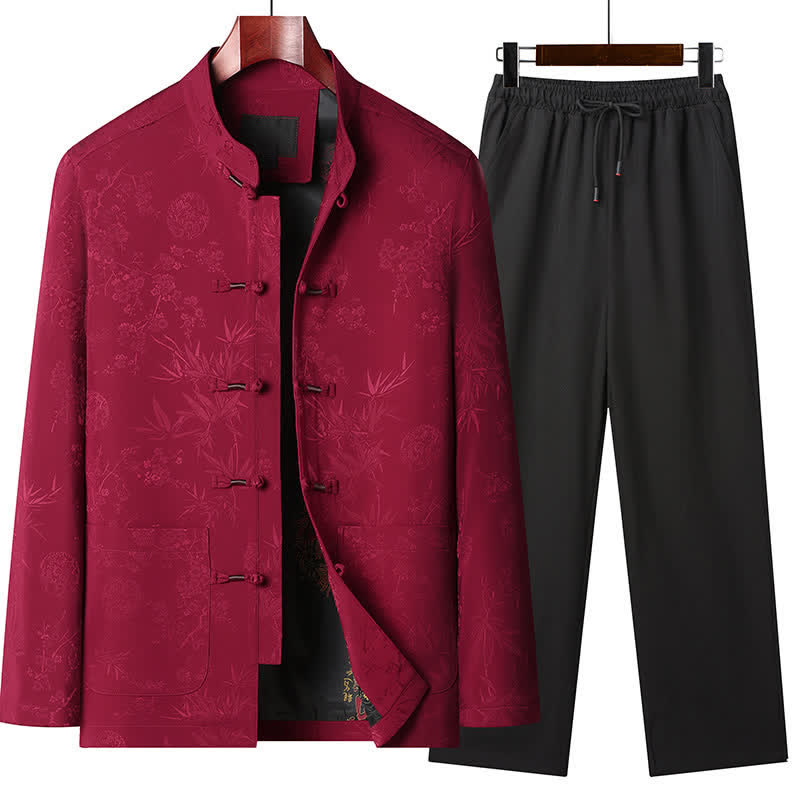 Buddha Stones Abito da meditazione da uomo stile Tang vintage autunno/inverno con colletto alla coreana, bottoni a rana e stampa floreale, con tasca. - Set rosso - US/UK/AU44, EU54 (4XL) - image 0