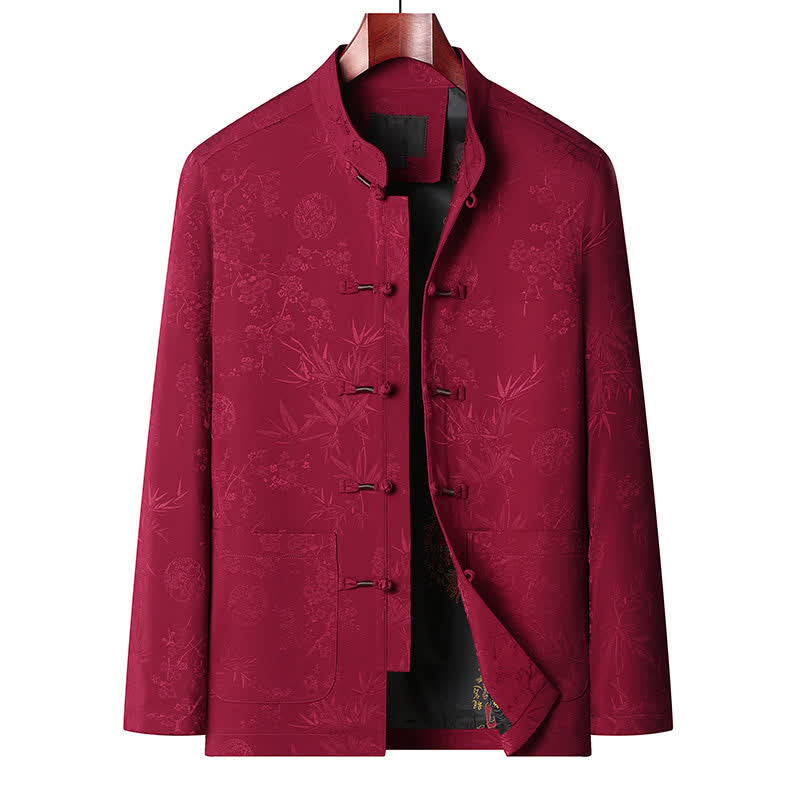 Buddha Stones Abito da meditazione da uomo stile Tang vintage autunno/inverno con colletto alla coreana, bottoni a rana e stampa floreale, con tasca. - Top rosso - US/UK/AU44, EU54 (4XL) - image 1