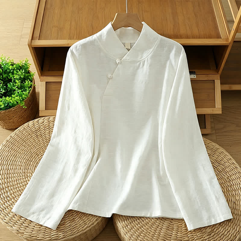 Buddha Stones Camicie da donna a maniche lunghe, stile Tang, minimaliste, con colletto alla coreana, tinta unita, per primavera/autunno. - Bianco - US6, UK/AU10, EU38 (XL) - image 1