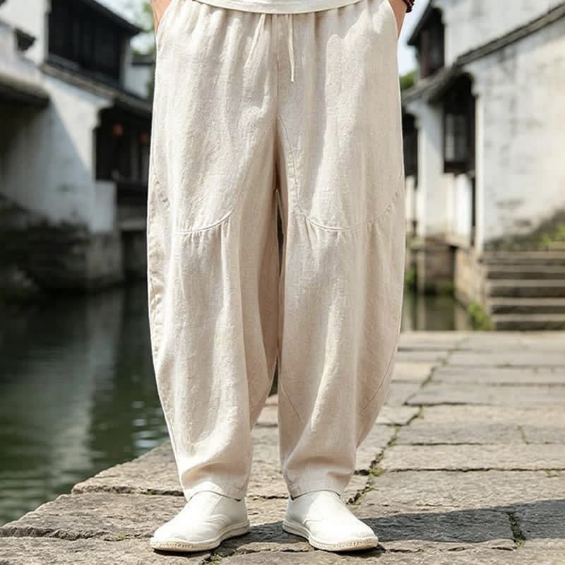 Buddha Stones Pantaloni harem da uomo, stile vintage, casual, con coulisse, tinta unita, corti, per primavera/estate, con tasche. - image 1