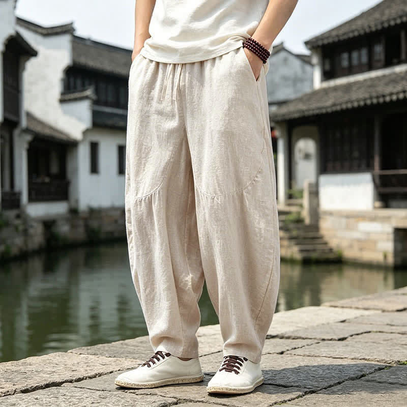Buddha Stones Pantaloni harem da uomo, stile vintage, casual, con coulisse, tinta unita, corti, per primavera/estate, con tasche. - Biancheria - US/UK/AU46, EU56 (5XL) - image 0