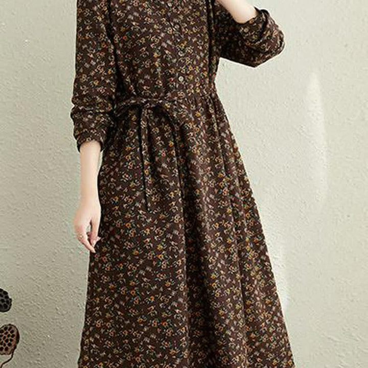 Buddha Stones Abito da donna autunnale casual vintage con bottoni e stampa floreale, maniche lunghe e tasca. - image 17