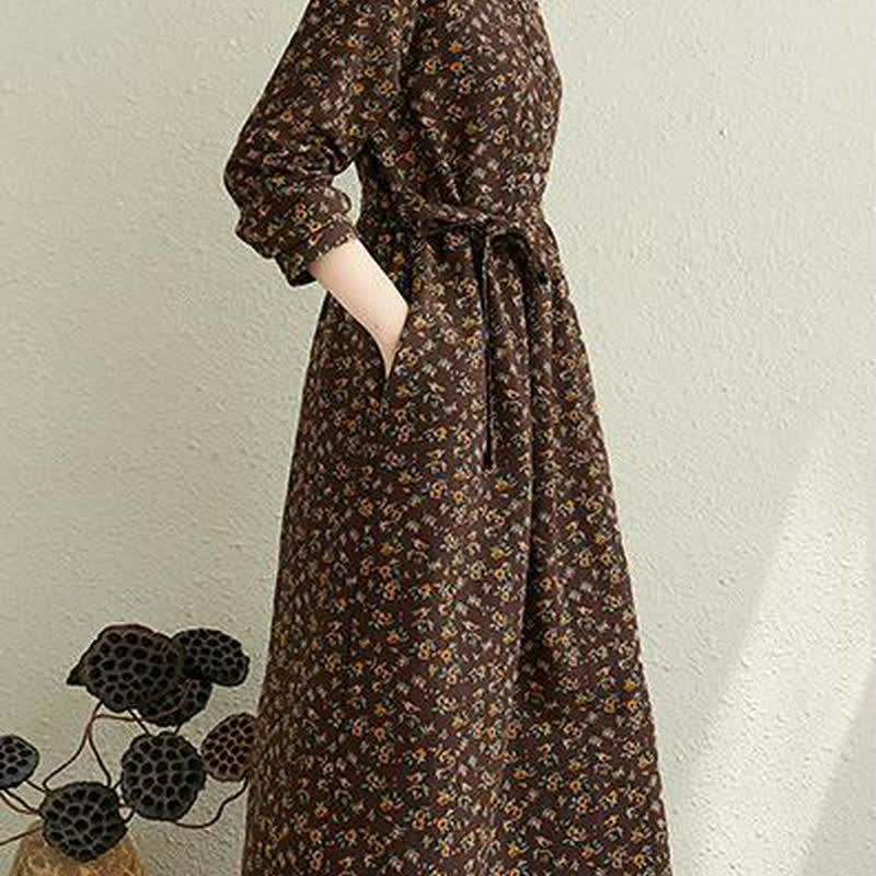 Buddha Stones Abito da donna autunnale casual vintage con bottoni e stampa floreale, maniche lunghe e tasca. - image 18